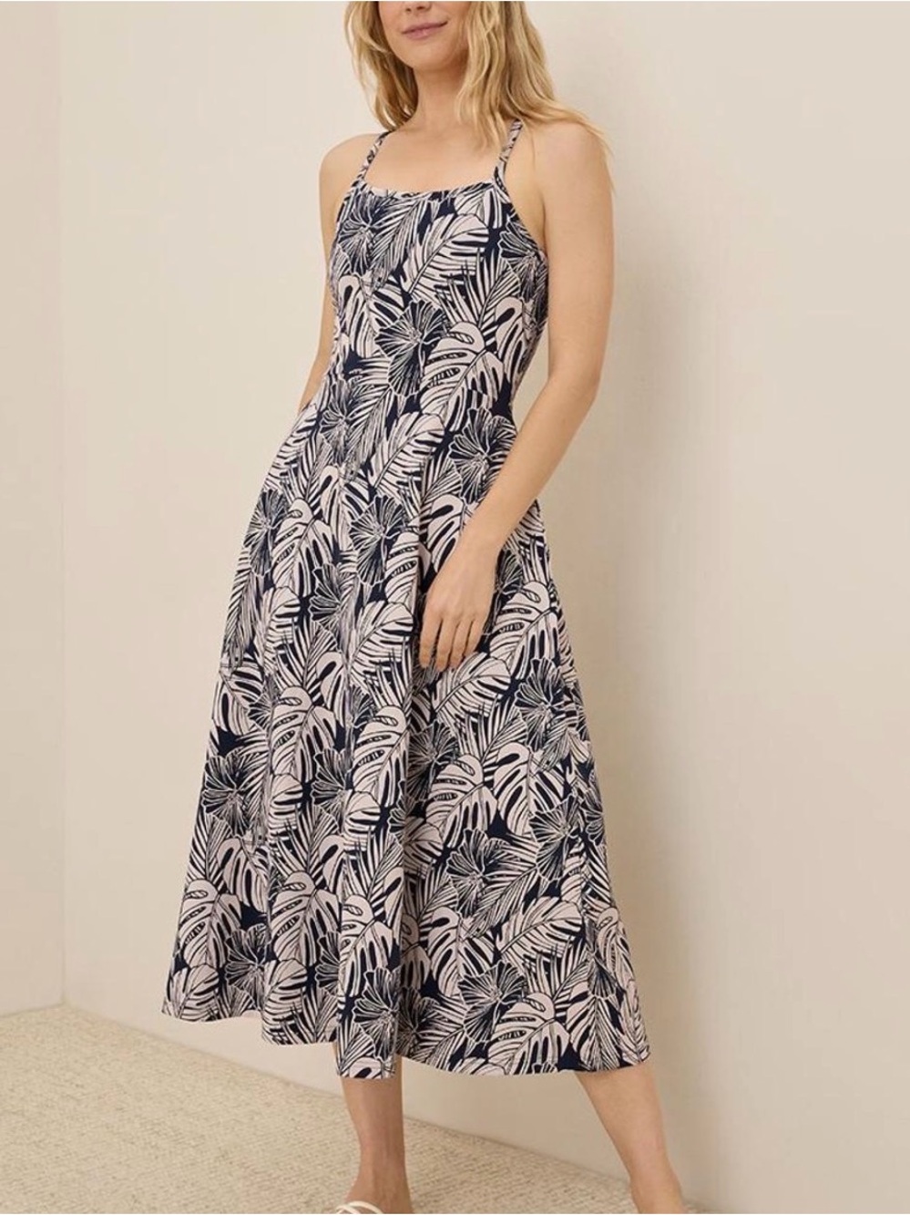 Pact Navy Leaf-Print Midi Dress